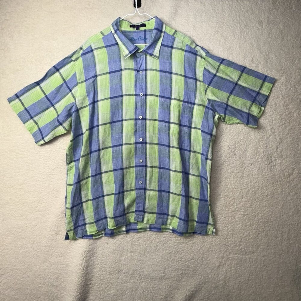 Alan Flusser Shirt Mens XXL Green Blue Plaid Button Up Linen Preppy Casual